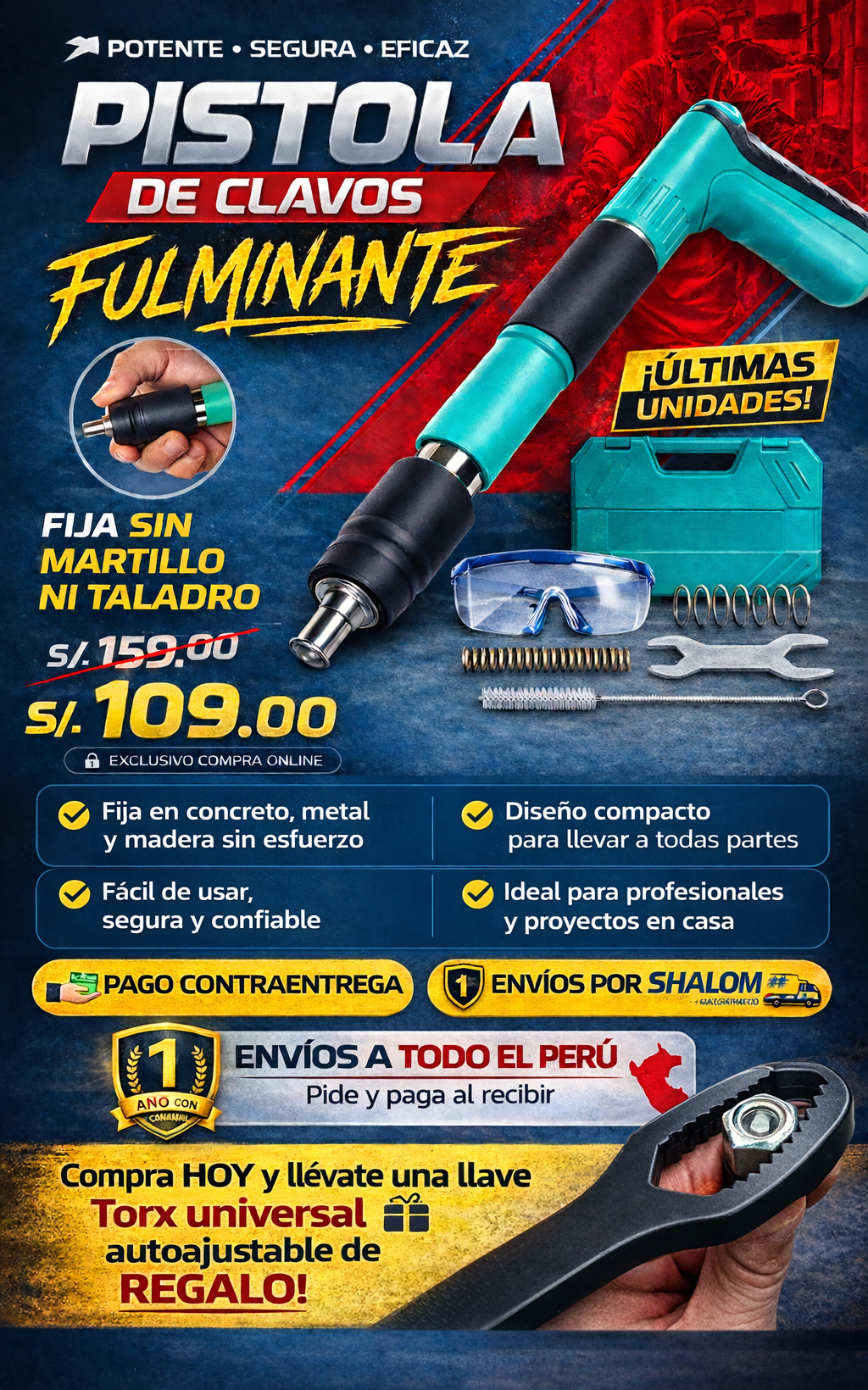 Pistola de Clavos Fulminante + Llave Torx Universal de Regalo 🎁